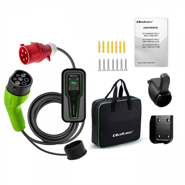 Qoltec Mobile EV Car Charger Adjustable 2in1 Type2 | 11kW | 3 Phases | CEE 5 PIN| LCD |Portable | Wallbox | 5m