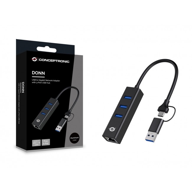 Conceptronic DONN07BA USB to Gigabit Network Adapter with 3-Port USB Hub, USB-A x 3, Wake-on-LAN, 2-in-1 USB-C USB-A Cable