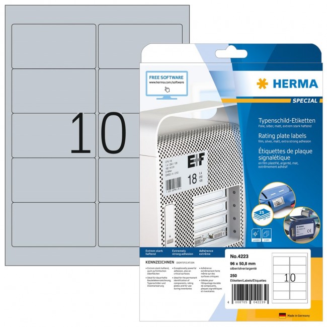 HERMA Rating plate labels A4 96x50.8 mm silver extra strong adhesion film matt 250 pcs. HERMA Rating plate labels A4 96x50.8 mm silver extra strong adhesion film matt 250 pcs.