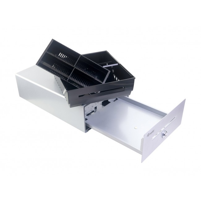 Equip Cash Register Drawer for Point of Sale (POS) System, 4 Bill/4 Coin Compartments, Removable Coin Slots, RJ11 connector, Aluminum
