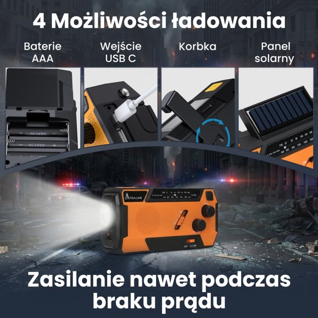 Extralink RADIO AWARYJNE SOLARNE Z KORBKA DYNAMO POWERBANK 4000MAH Z LATARKA SOS SR-4000 Portable Analog Black, Orange