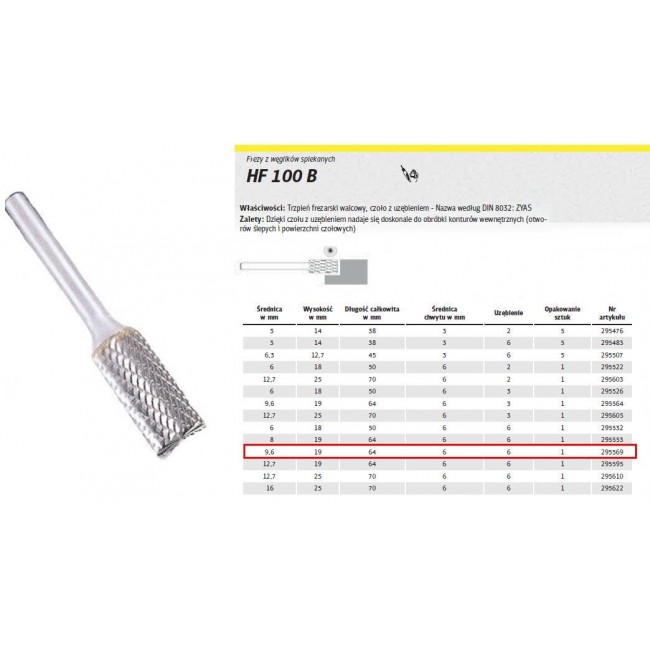 K.SINTERED CARBON CUTTER.HF 100 B /9,6mm/569 CYLINDER FI 9,6x19mm, shank 6mm, ZYAS TYPE