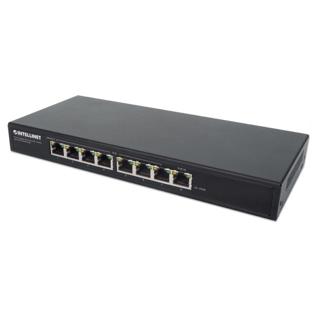 Intellinet 8-Port Gigabit Ethernet PoE+ Switch with PoE Passthrough, 1x Ultra PoE++ IEEE 802.3bt (4PPoE) PD PoE Port with 90 W Power Input, 7x PSE PoE Ports, PoE Power Budget up to 85W, IEEE 802.3at/af Compliant, Rackmount