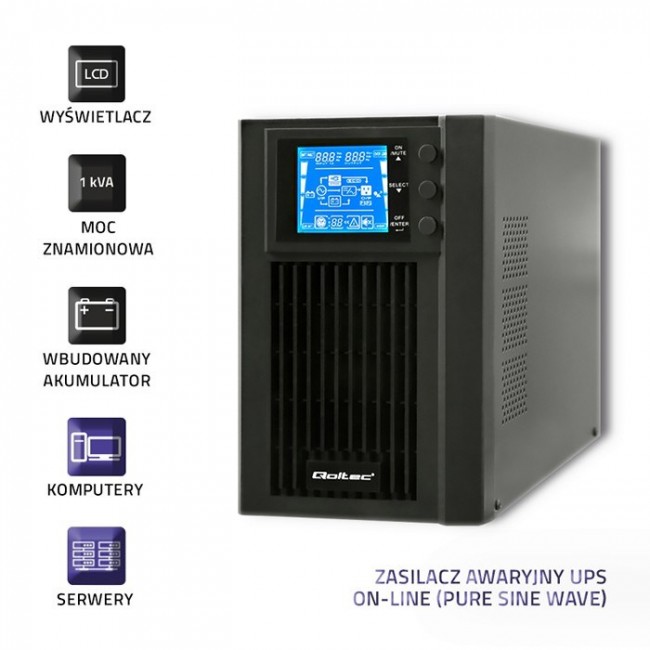 Qoltec 53042 Uninterruptible Power Supply | On-line | Pure Sine Wave | 1kVA | 800W | LCD Qoltec 53042 Uninterruptible Power Supply | On-line | Pure Sine Wave | 1kVA | 800W | LCD