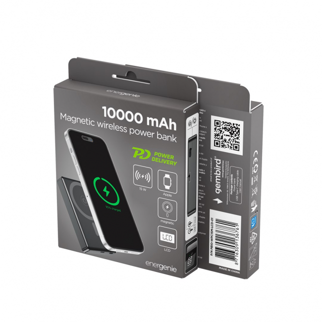 Gembird PB10-WPC15M-LCD-01 Magnetic wireless powerbank with LCD, 15W, 10000 mAh, black