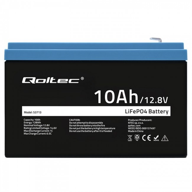 Qoltec 53713 LiFePO4 lithium iron phosphate battery | 12.8V | 10Ah | 1280Wh | BMS Qoltec 53713 LiFePO4 lithium iron phosphate battery | 12.8V | 10Ah | 1280Wh | BMS