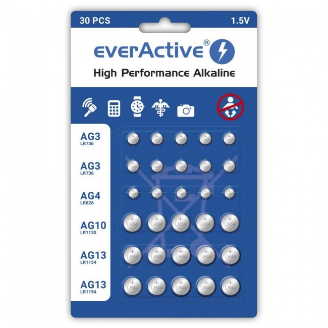 Mini alkaline battery Set everActive 10 x G3 / LR41, 5 x G4 / LR626, 5 x G10 / LR1130, 10 x G13 / LR1154 Mini alkaline battery Set everActive 10 x G3 / LR41, 5 x G4 / LR626, 5 x G10 / LR1130, 10 x G13 / LR1154