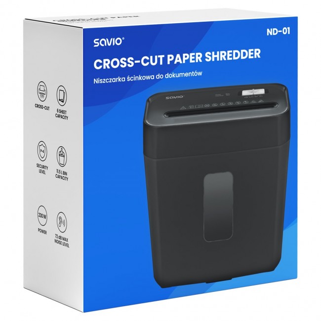 Savio ND-01 paper shredder Cross shredding 72 dB Black Savio ND-01 paper shredder Cross shredding 72 dB Black