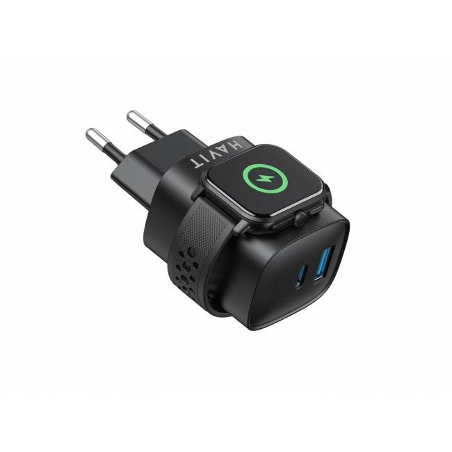 Havit UC132 EU - GaN 22 W dual-port charger with wireless charging option, black