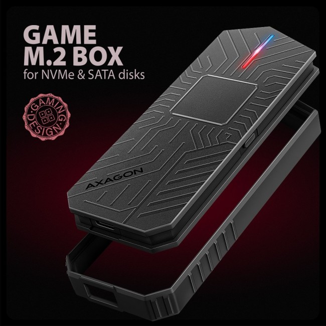 Axagon EEM2-GAM, USB-C 10Gbps - NVMe & SATA SSD GAME M.2 box, bezšroubkov SSD enclosure Black Axagon EEM2-GAM, USB-C 10Gbps - NVMe & SATA SSD GAME M.2 box, bezšroubkov SSD enclosure Black