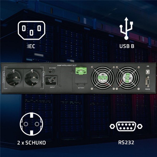 Qoltec Uninterruptible Power Supply (UPS) for RACK | 2.4kVA | 2400W | Power Factor 1.0 | LCD | EPO | USB | Online Qoltec Uninterruptible Power Supply (UPS) for RACK | 2.4kVA | 2400W | Power Factor 1.0 | LCD | EPO | USB | Online