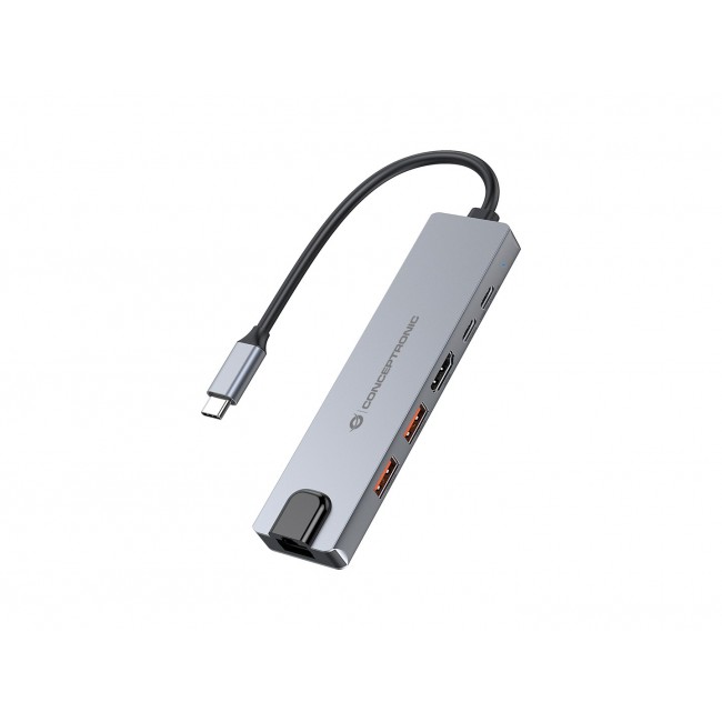 Conceptronic DONN29G 6-in-1 USB 3.2 Gen 2 Docking Station, 4K60Hz HDMI, USB-A 10Gbps x 2, USB-C 10Gbps, GbE LAN, 140W USB PD 3.1