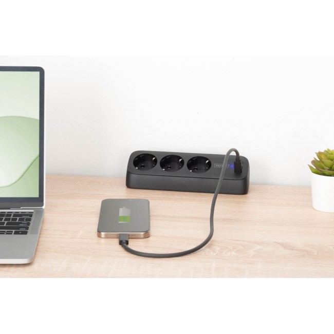 Digitus 3-way office socket strip with 2x USB-A and 1x USB-C connections, black