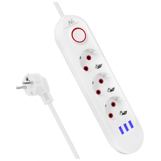 Maclean power strip, 3 socket extension + 3xUSB, 110-240V AC 50/60Hz, 2.1A max 2500W, 1.5m, white, MCE394 W Maclean power strip, 3 socket extension + 3xUSB, 110-240V AC 50/60Hz, 2.1A max 2500W, 1.5m, white, MCE394 W