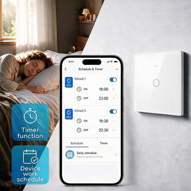 Qoltec 52715 Smart Touch 1-Gang Light Switch | Wi-Fi | Timer | Tuya | Smart Life | Tempered Glass | White