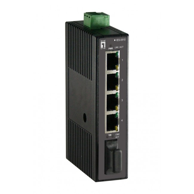 LevelOne 5-Port Fast Ethernet Industrial Switch, DIN-Rail, 1 x SC Multi-Mode Fiber, -20 C to 70 C