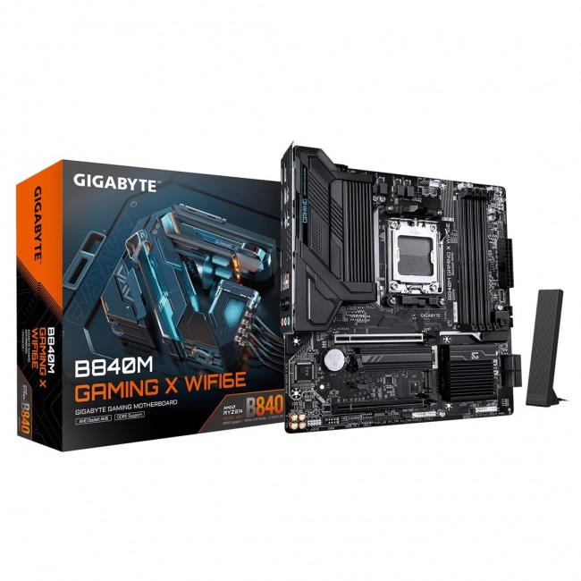 GIGABYTE B840M GAMING X WIFI6E Motherboard - AMD Ryzen 9000 CPUs, 8+2+2 Phases VRM, up to 8200MHz DDR5(O.C), 2xPCIe 4.0 M.2, Wi-Fi 6E, 2.5GbE LAN, USB 3.2 Gen 1 GIGABYTE B840M GAMING X WIFI6E Motherboard - AMD Ryzen 9000 CPUs, 8+2+2 Phases VRM, up to 8200MHz DDR5(O.C), 2xPCIe 4.0 M.2, Wi-Fi 6E, 2.5GbE LAN, USB 3.2 Gen 1