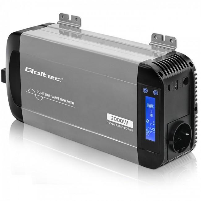 Qoltec Przetwornica napięcia Pure Sine Wave | 12V na 230V | 1000/2000W | LCD | USB | USB-C | Kompatybilna z LiFePO4 GEL AGM