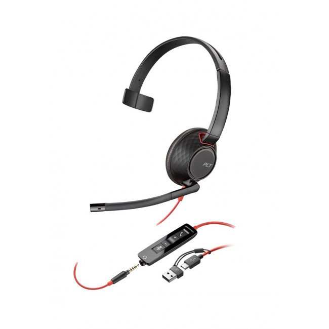 HP Poly Blackwire 5210 Monaural USB-C Headset +3.5mm Plug +USB-C/A Adapter