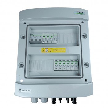 Switchgear attached DCAC hermetic IP65 EMITTER with Noark 1000V type 2 DC surge arrester, 2 x PV string, 2 x MPPT // og. AC Noark type 1+2, 10A 3-F