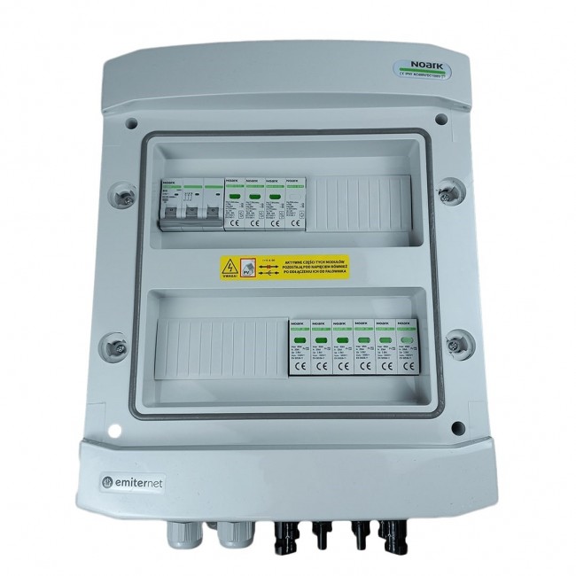 Switchgear attached DCAC hermetic IP65 EMITTER with Noark 1000V type 2 DC surge arrester, 2 x PV string, 2 x MPPT // og. AC Noark type 1+2, 10A 3-F