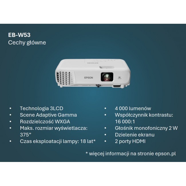 Epson EB-W53 4000 ANSI lumens 3LCD WXGA (1200x800) White
