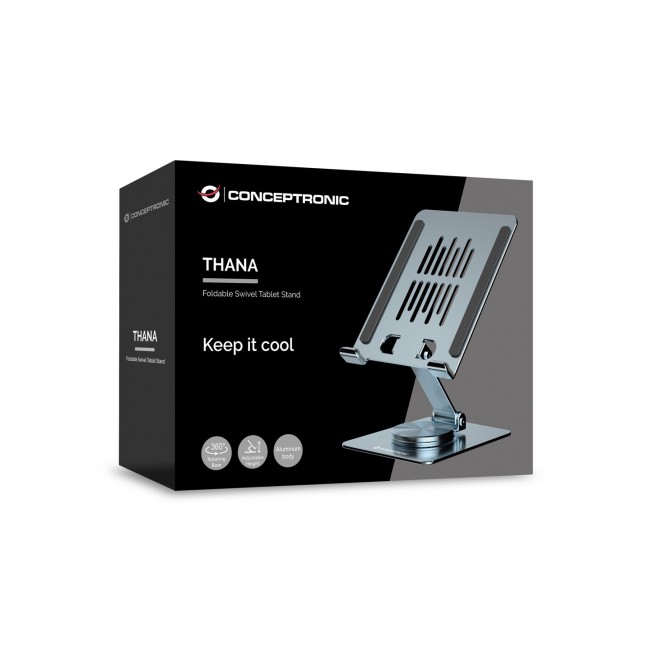 Conceptronic THANA09G Foldable Swivel Tablet Stand, 360 Rotating Base, Adjustable Height