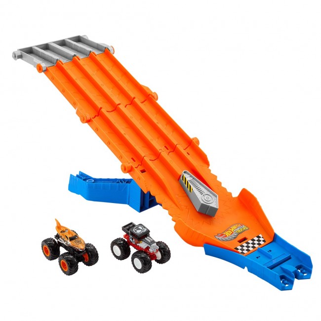 Hot Wheels Monster Trucks Sharks vs. Dinos Racedown Destruction Track Set & 2 1:64 Scale Toy Trucks