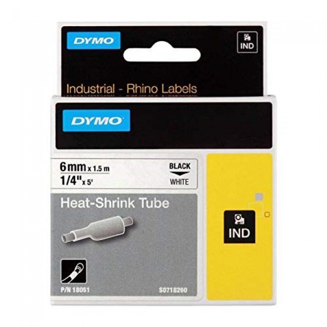 DYMO Rhino Industrial Heat-Shrink Cable Label Tubes | 6mm x 1.5m | Black Print on White | for Rhino Label Makers