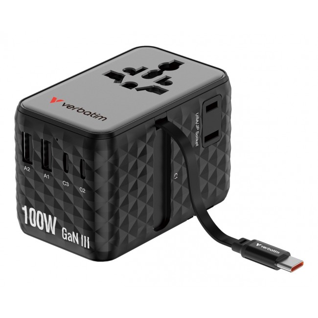 Verbatim Charge 'n' Travel 100W Universal Travel Adapter with retractable cable Black