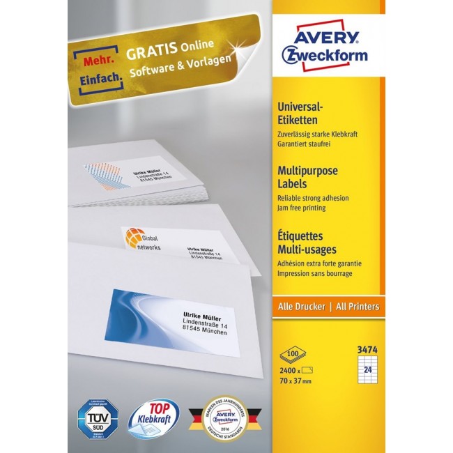 Avery 3474 self-adhesive label Rectangle Permanent White 2400 pc(s) Avery 3474 self-adhesive label Rectangle Permanent White 2400 pc(s)