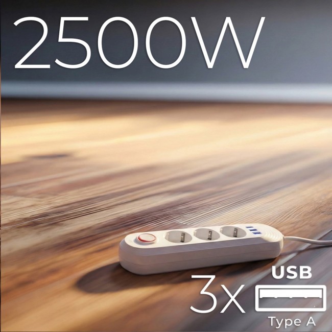 Maclean power strip, 3 socket extension + 3xUSB, 110-240V AC 50/60Hz, 2.1A max 2500W, 1.5m, white, MCE394 W Maclean power strip, 3 socket extension + 3xUSB, 110-240V AC 50/60Hz, 2.1A max 2500W, 1.5m, white, MCE394 W