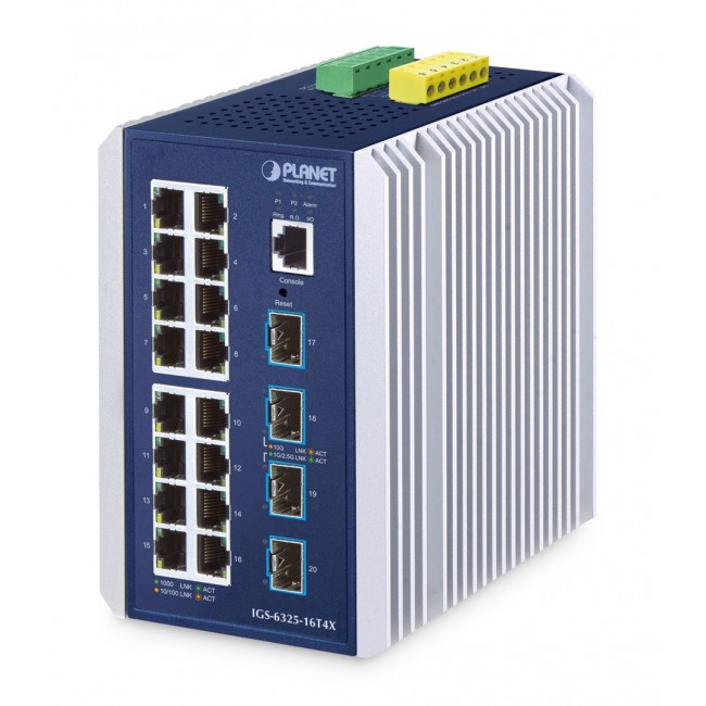 PLANET IP30 Industrial L3 16-Port Managed Gigabit Ethernet (10/100/1000) Aluminium, Blue