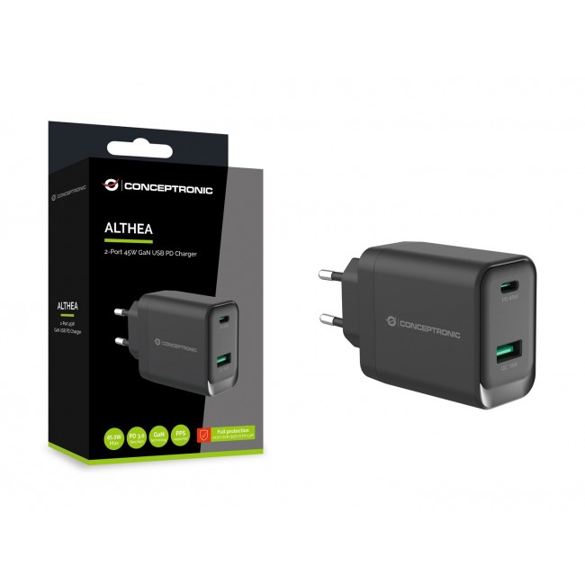 Conceptronic ALTHEA20B45 2-Port 45W GaN USB PD Charger, USB-C x 1, USB-A x 1, QC 3.0, PPS, PD 3.0