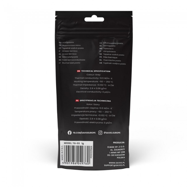Savio TG-03 1G heat sink compound Thermal paste 13.5 W/m K Savio TG-03 1G heat sink compound Thermal paste 13.5 W/m K