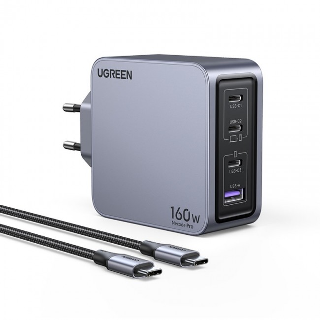 Ugreen Nexode Pro 160W GaN Charger with USB-C Cable Universal Black, Grey AC Fast charging Indoor
