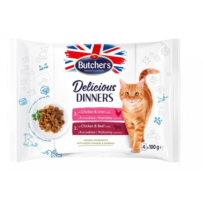 BUTCHER'S Delicious Dinners Chicken with liver, Chicken with beef - wet cat food - 4 x 100g