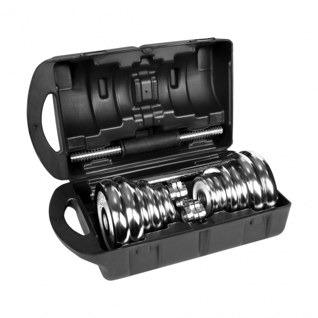 REBEL ACTIVE Chrome Adjustable Dumbbells in a Case 20 kg with Barbell