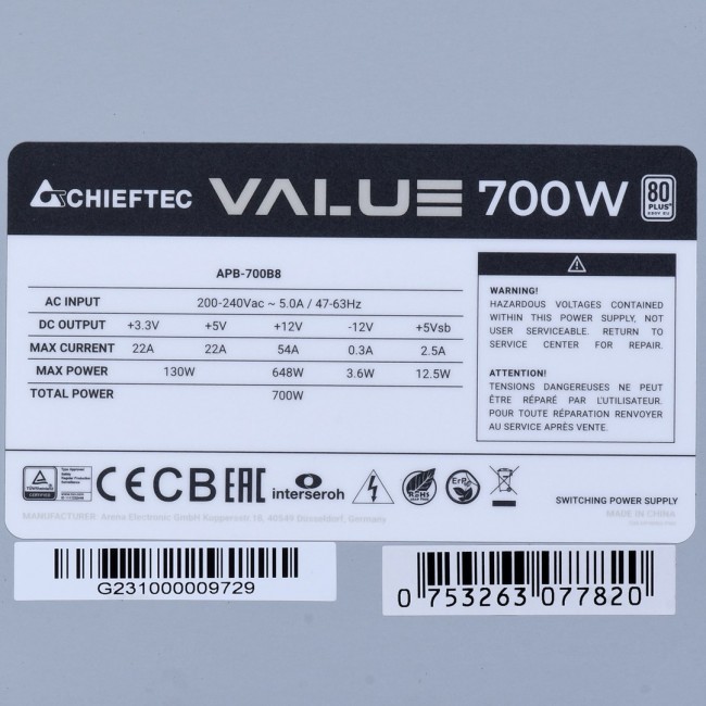 Chieftec Value APB-700B8 power supply unit 700 W 20+4 pin ATX ATX Silver Chieftec Value APB-700B8 power supply unit 700 W 20+4 pin ATX ATX Silver