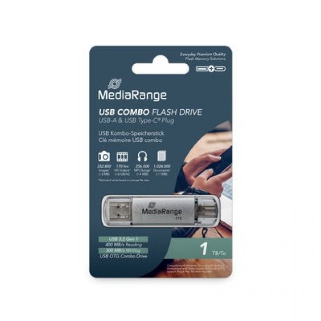 MediaRange MR941-1 USB flash drive 1 TB USB Type-A / USB Type-C 3.2 Gen 1 (3.1 Gen 1) Silver MediaRange MR941-1 USB flash drive 1 TB USB Type-A / USB Type-C 3.2 Gen 1 (3.1 Gen 1) Silver