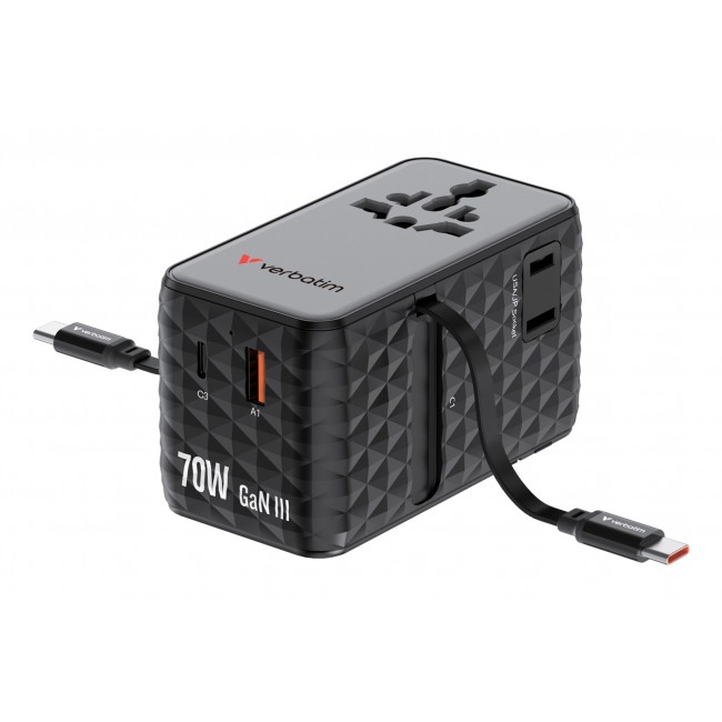 Verbatim Charge 'n' Travel 70W 2C retractable Universal Travel Adapter Black