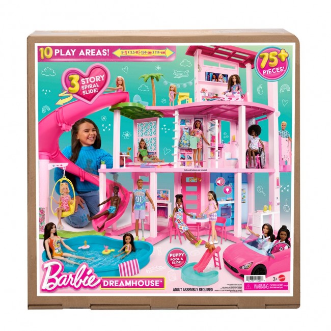 Barbie Dreamhouse Adventures Dreamhouse, 75+ Pieces, Pool Party Doll House with 3 Story Slide