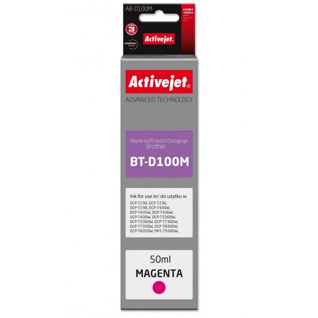 Activejet AB-D100M Ink cartridge for Brother printers, replacement for Brother BT-D100M Supreme 50 ml magenta
