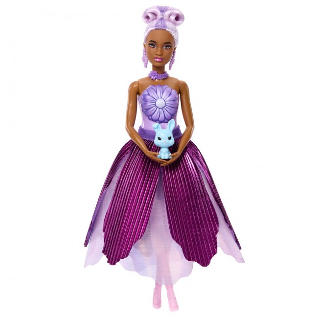 Barbie Petal Pop Scented Fashion Doll with Purple Dress, Reveal Accessories like Bunny & More