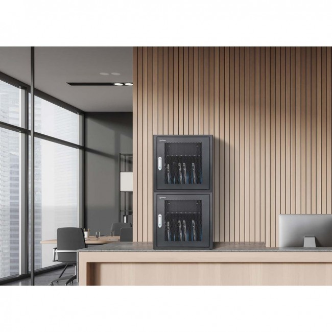 Manhattan Laptop Charging Cabinet Desktop via AC Adapter (EU) 10-bay, Install device's AC Adapter (power cables) into unit, Suitable for ALL laptops (to 16