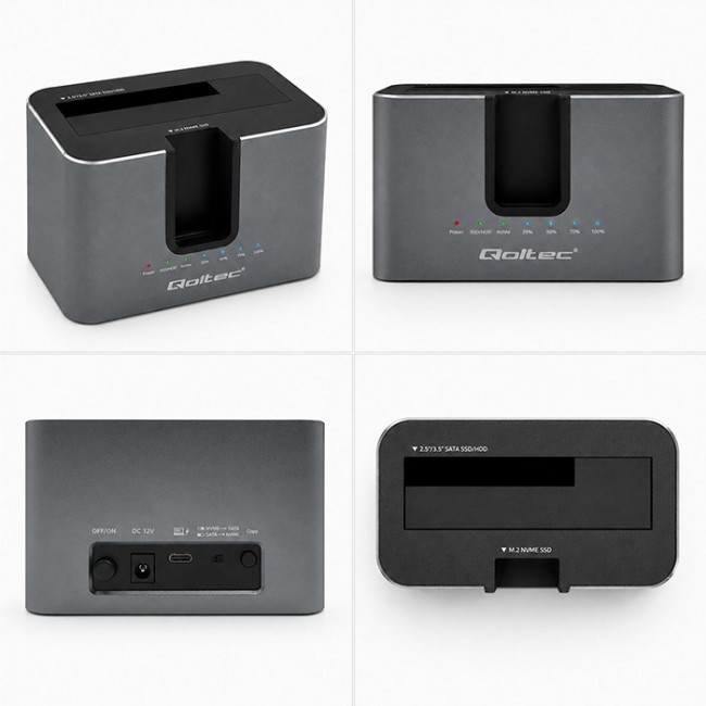 Qoltec 52631 HDD SSD doscking station | SATA | M.2 NVMe | cloning | USB-C | 10Gb/s | 28TB Qoltec 52631 HDD SSD doscking station | SATA | M.2 NVMe | cloning | USB-C | 10Gb/s | 28TB