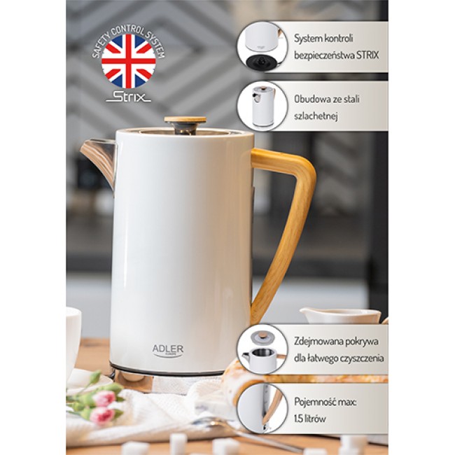 Adler AD 1347W electric kettle 1.5 L 2200 W White, Wood