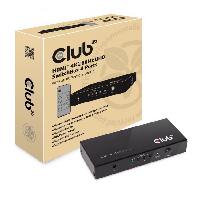 CLUB3D HDMI 2.0 UHD 4K60Hz SwitchBox 4 ports and included IR Remote control