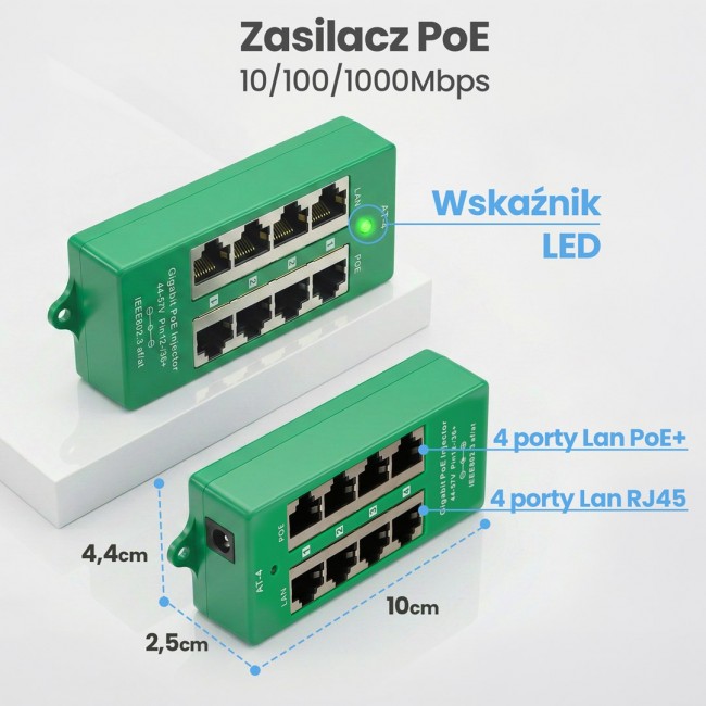 Extralink Gigabit PoE Injector 4 Portowy Active, 4 ports Gigabit 802.3at/af, Mode A