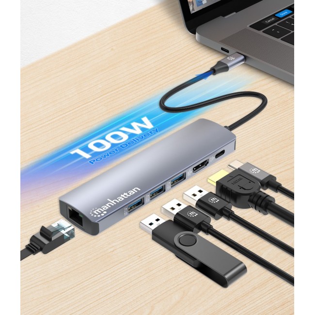 Manhattan USB-C Dock/Hub, Ports (x6): Ethernet, HDMI, USB-A (x3) and USB-C, with Power Delivery (PD) 100W- requires external USB-C charger (not included). USB powered (no external power supply required) when PD is not in use